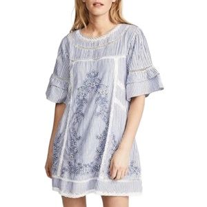 Free people blue stripe embroidered mini dress Sz Small